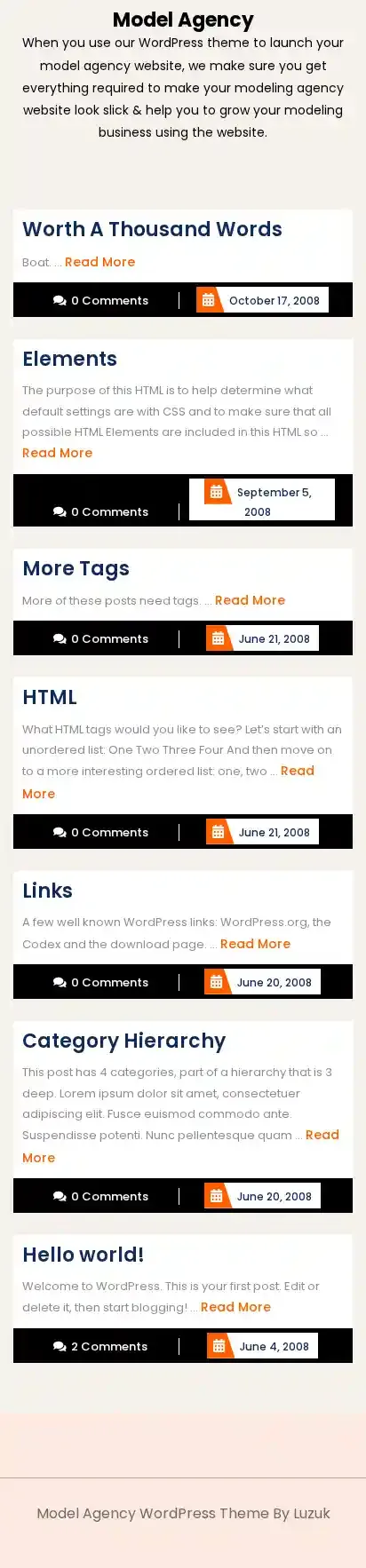 Model Agency home page on mobile