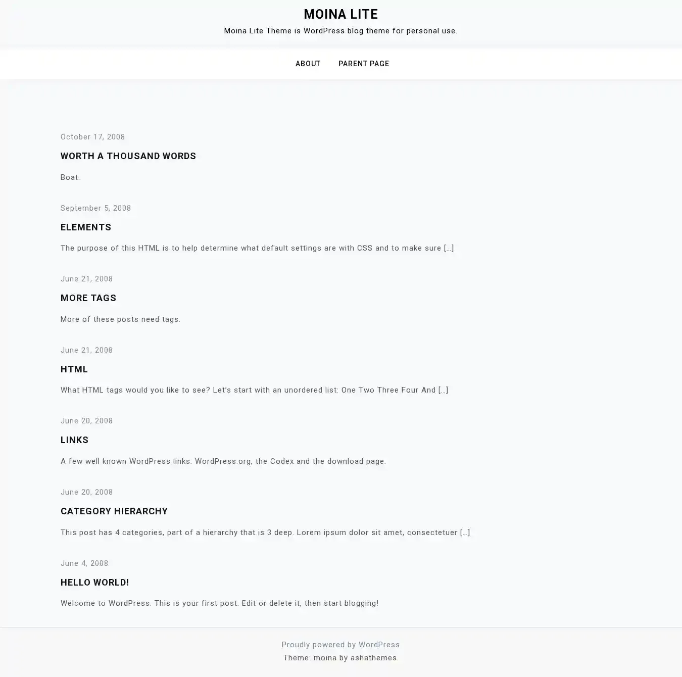 Moina Lite home page on desktop