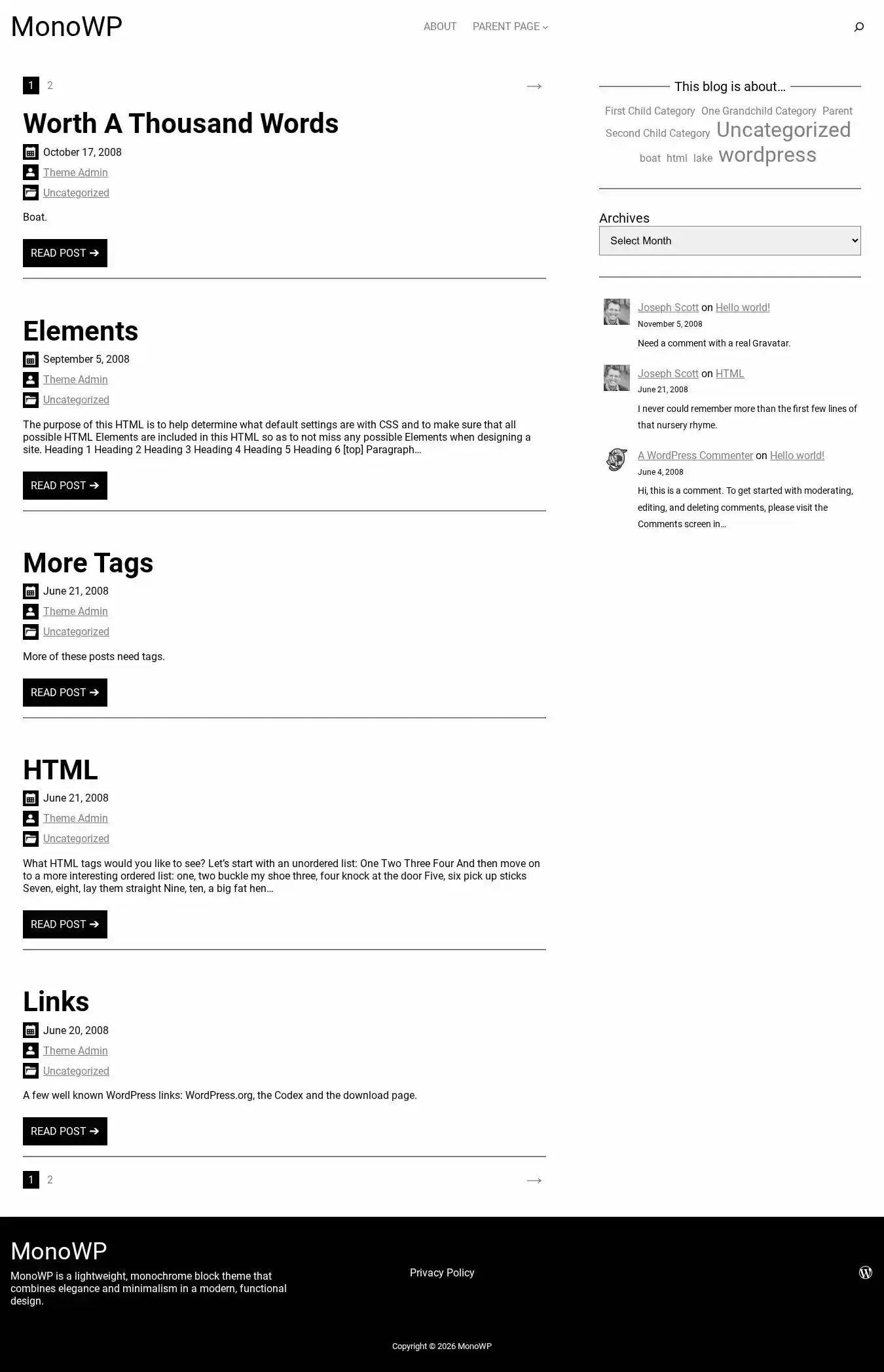 MonoWP home page on desktop