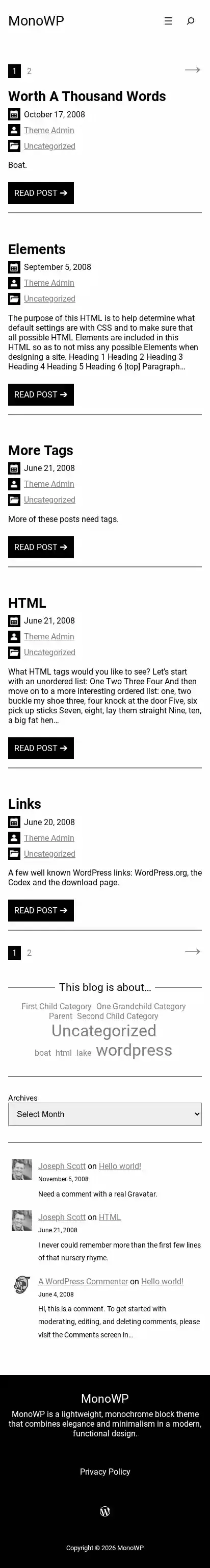 MonoWP home page on mobile