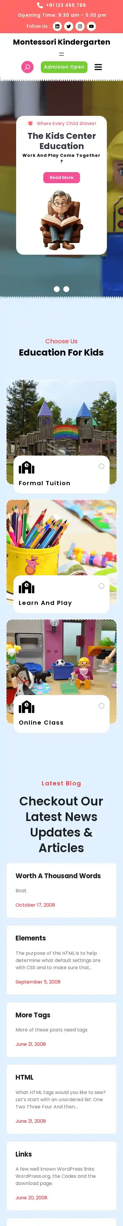 Montessori Kindergarten home page on mobile