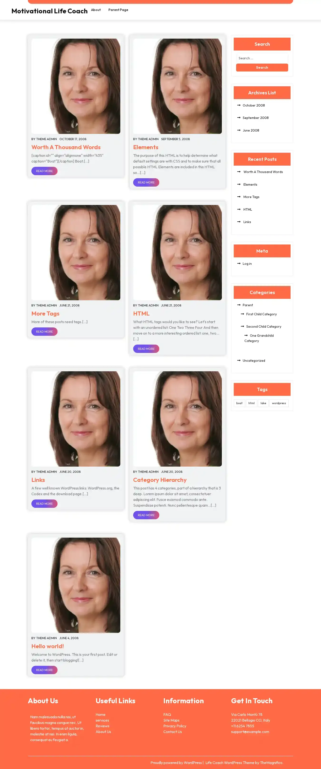 Motivational Life Coach home page on desktop
