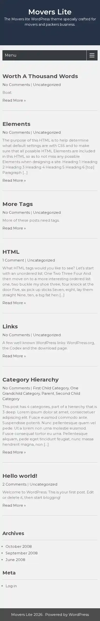 Movers Lite home page on mobile