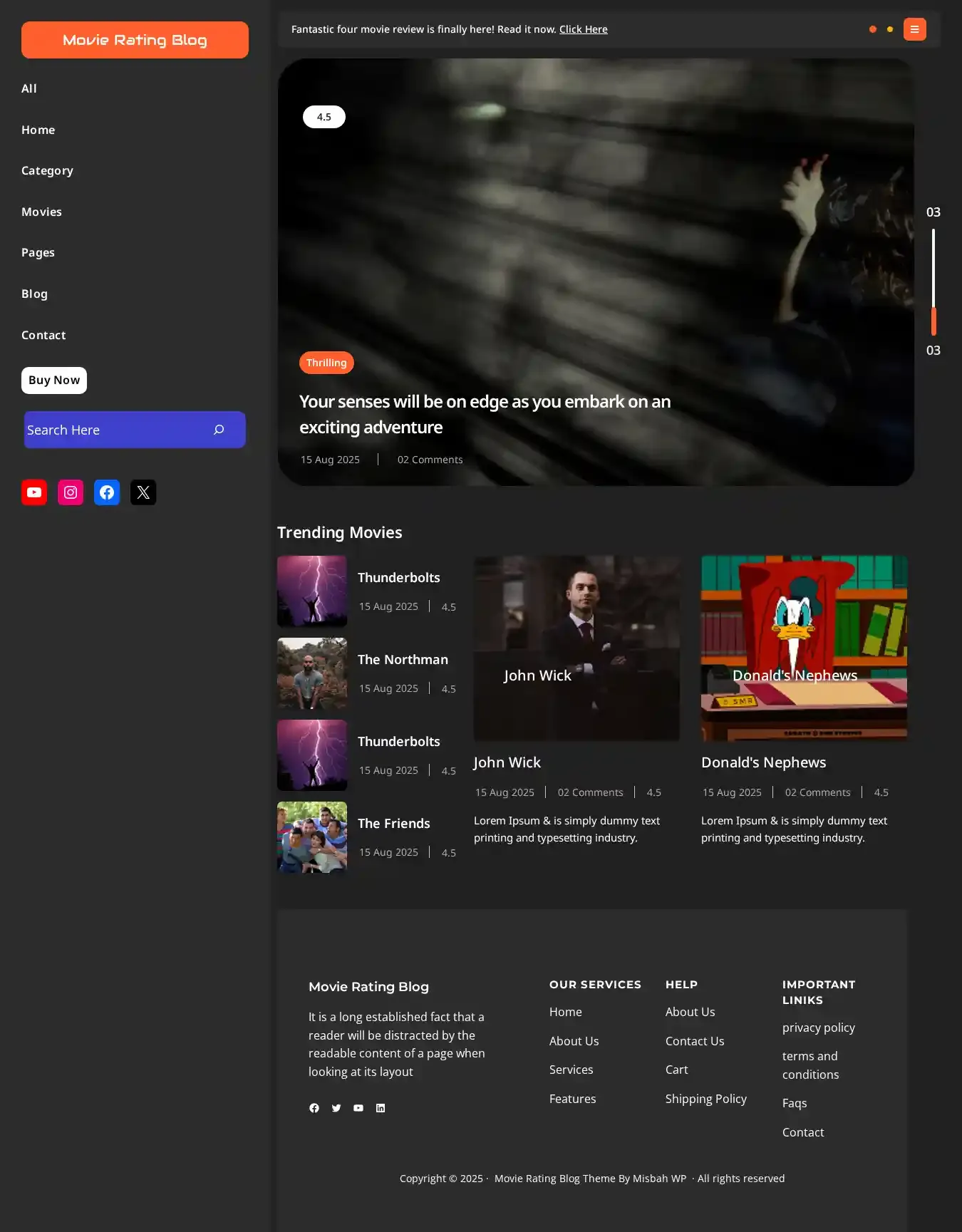 Movie Rating Blog home page on desktop