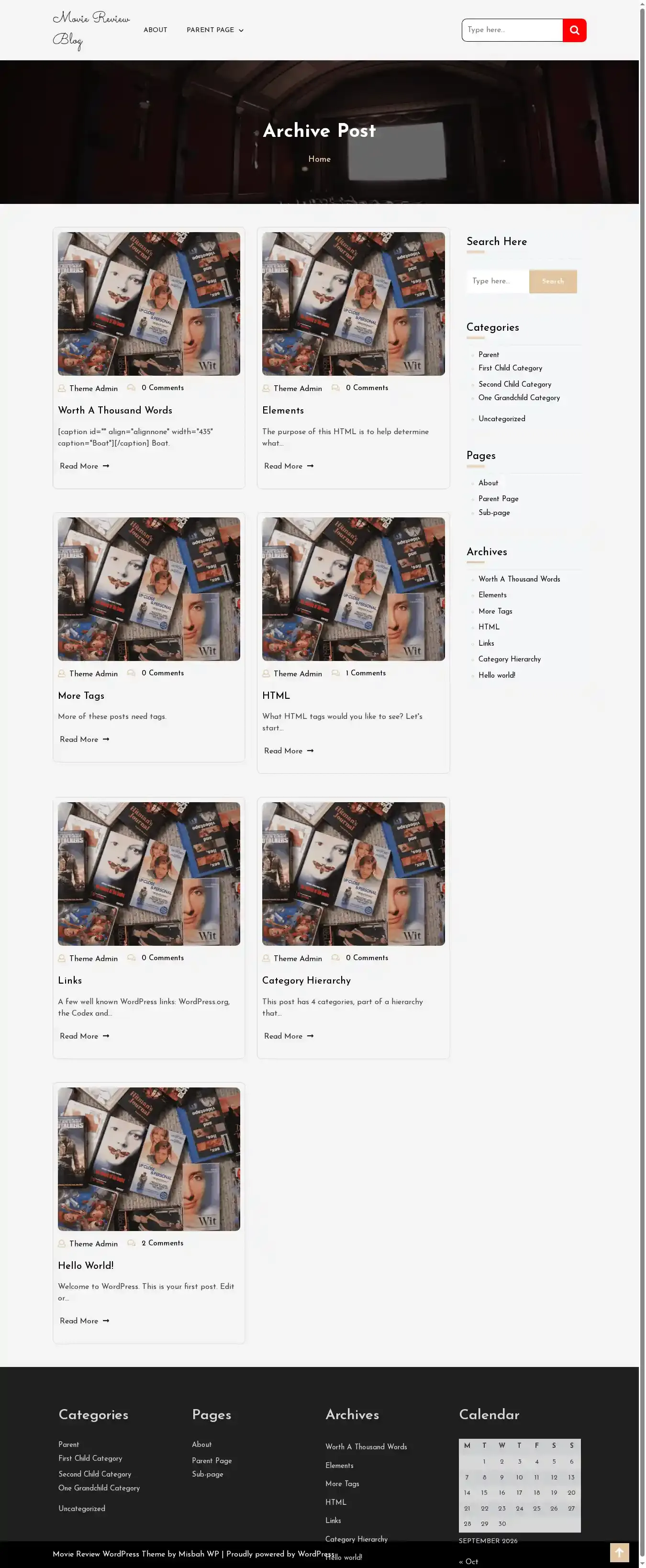 Movie Review Blog home page on desktop