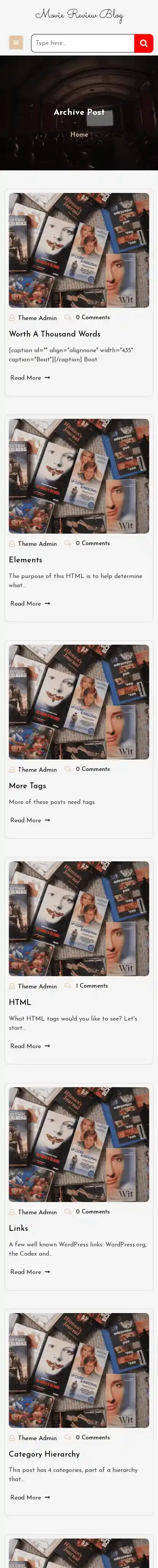 Movie Review Blog home page on mobile