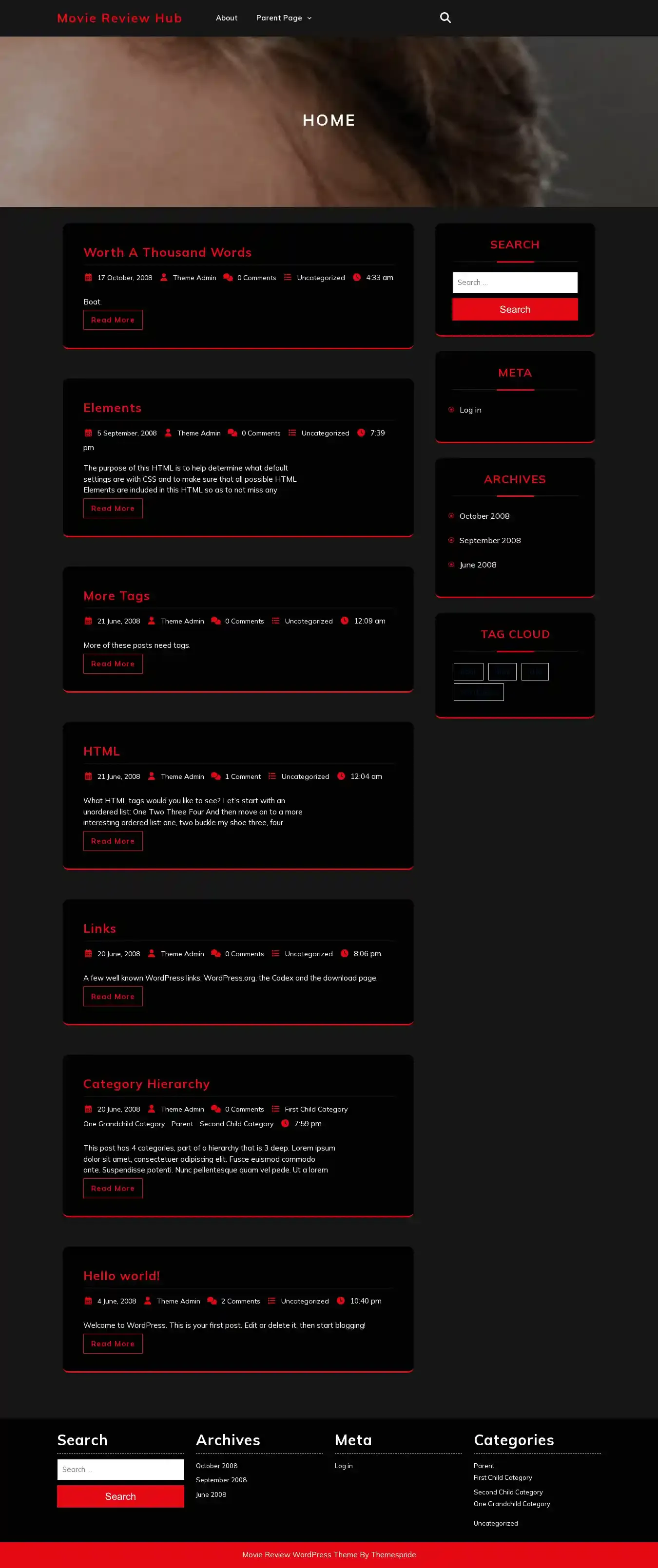 Movie Review Hub home page on desktop