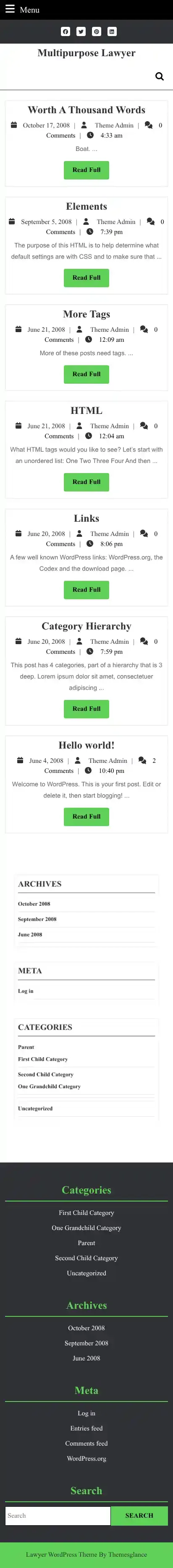 Multipurpose Lawyer home page on mobile