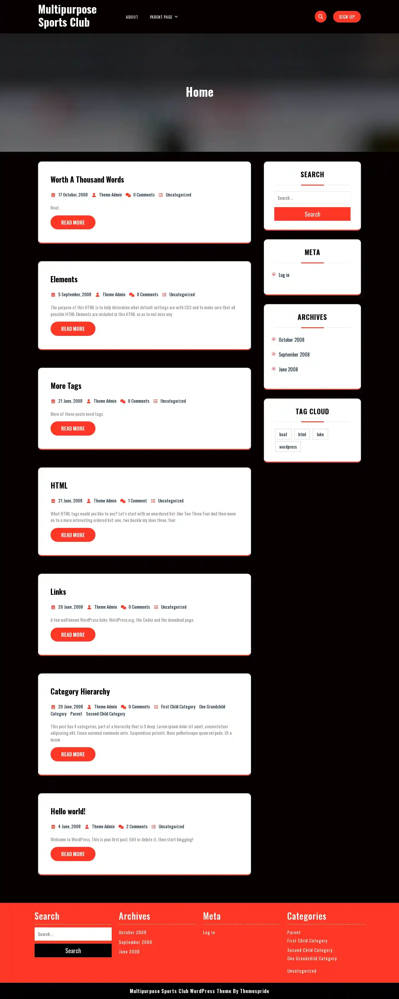 Multipurpose Sports Club home page on desktop