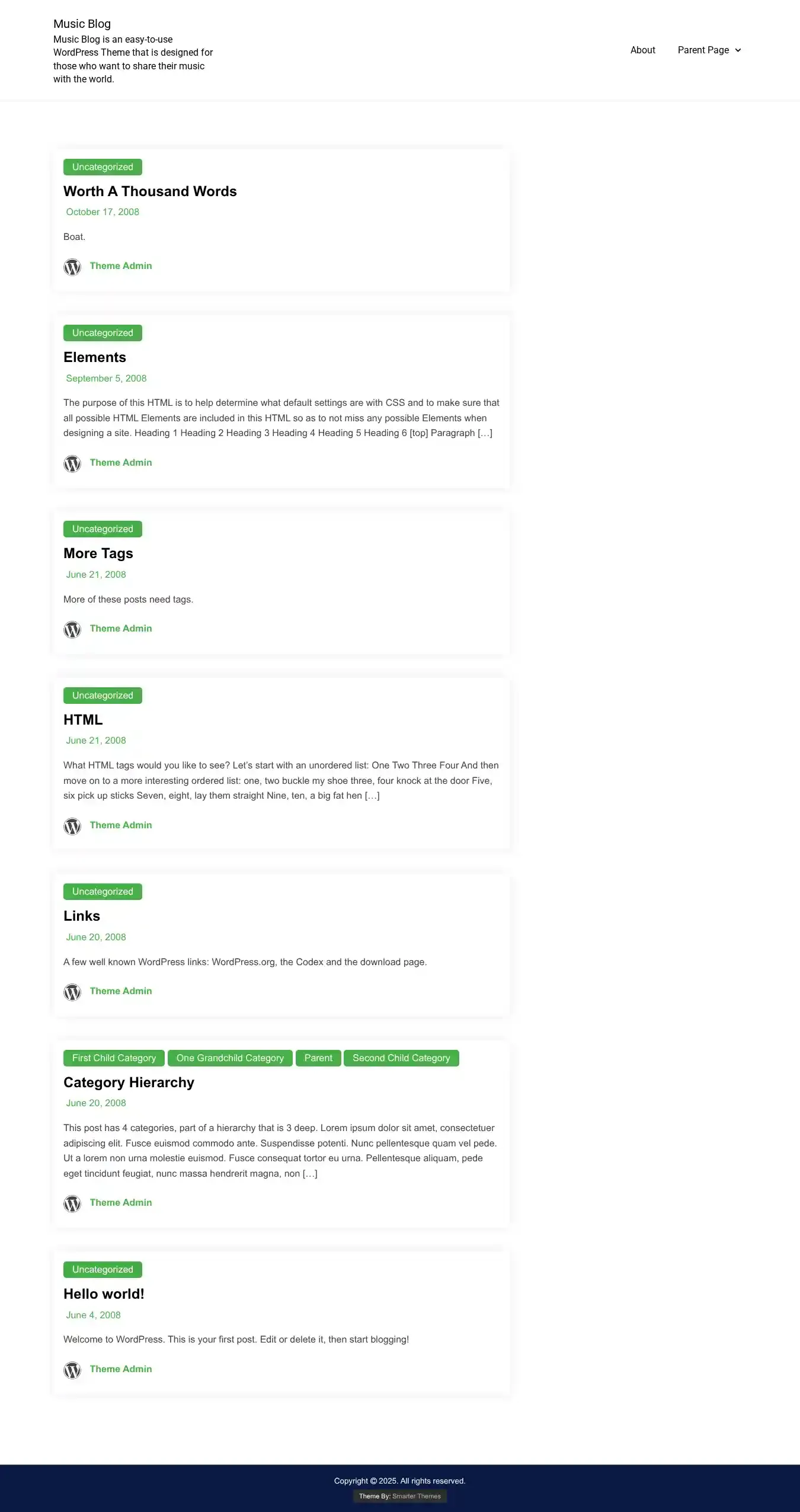 Music Blog home page on desktop