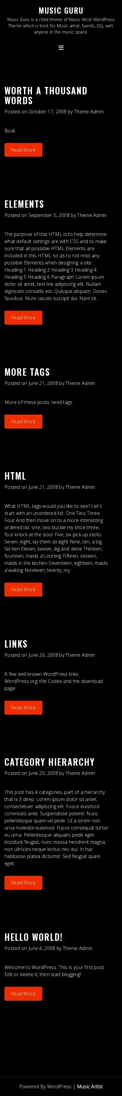 Music Guru home page on mobile