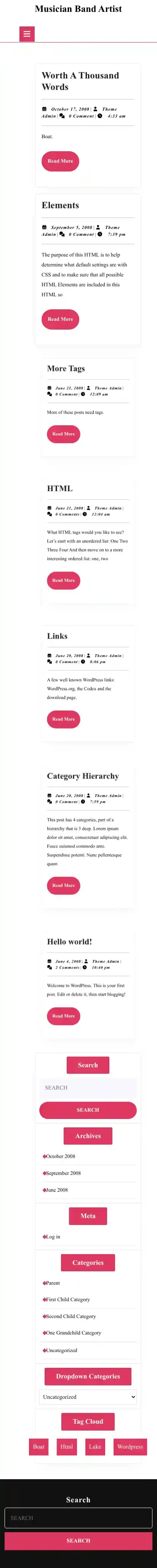 Musician Band Artist home page on mobile