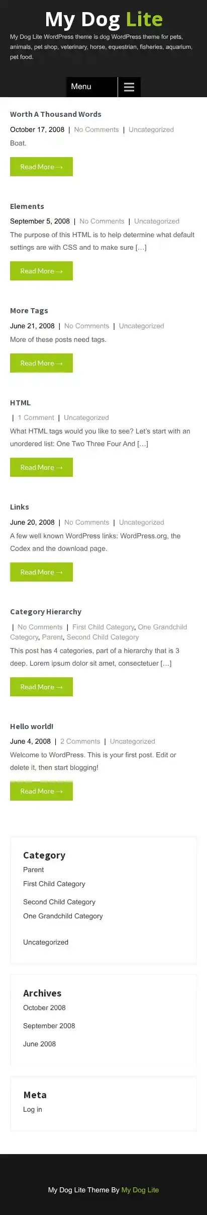 My Dog Lite home page on mobile