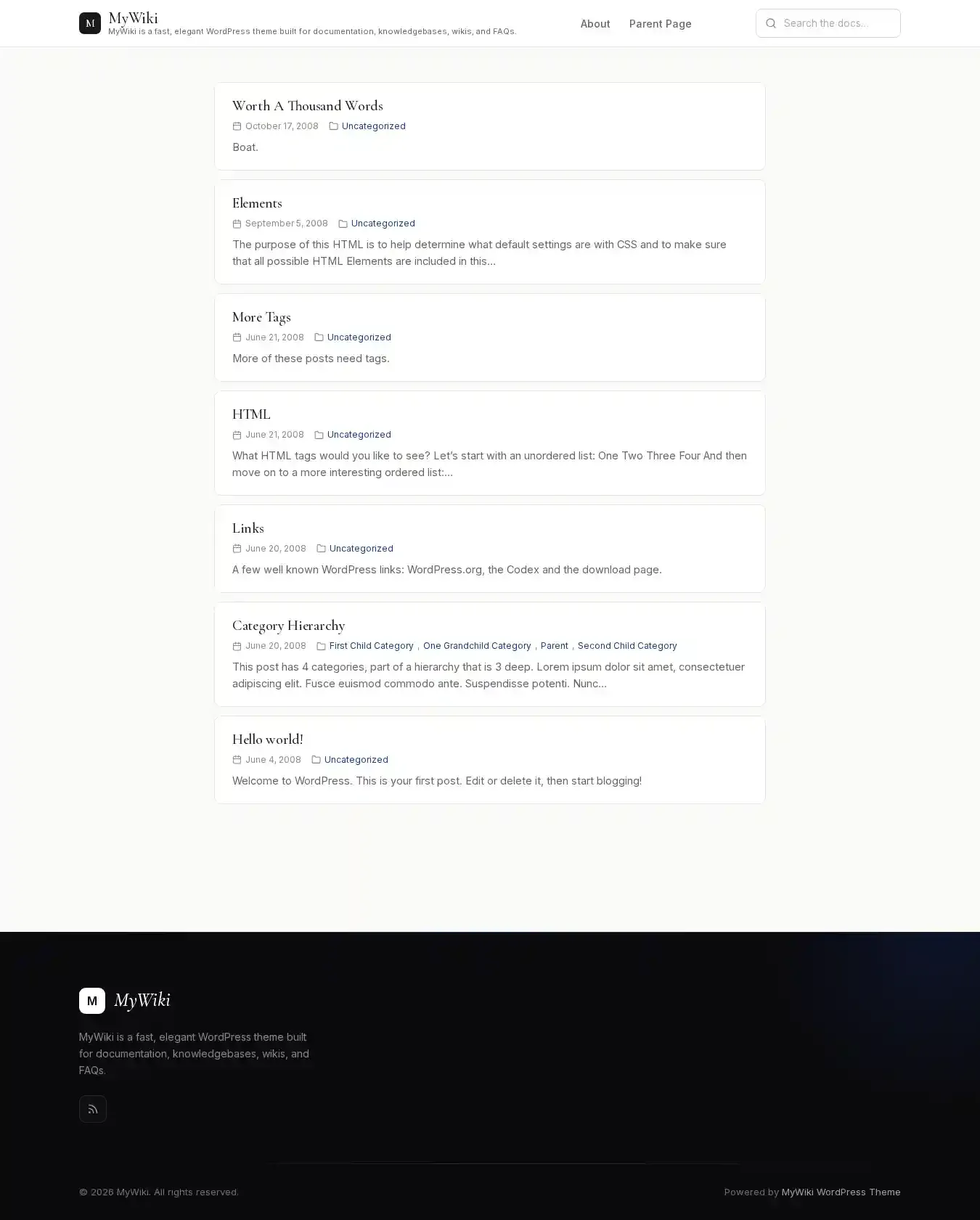 MyWiki home page on desktop