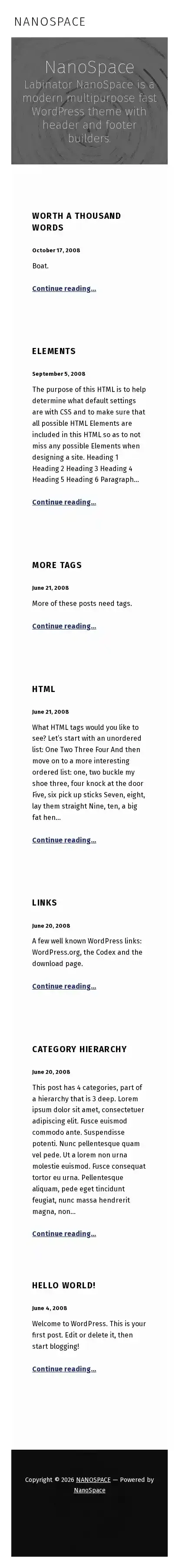 NanoSpace home page on mobile