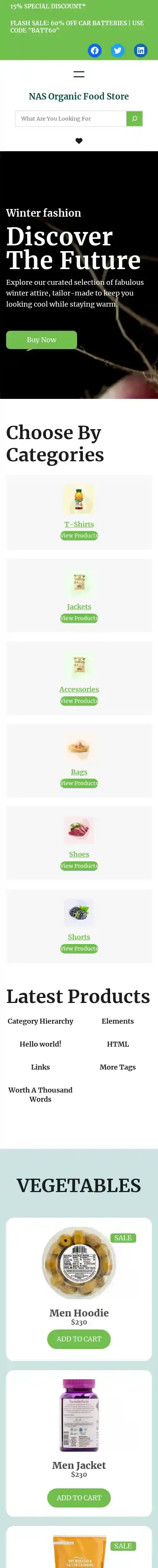 NAS Organic Food Store home page on mobile