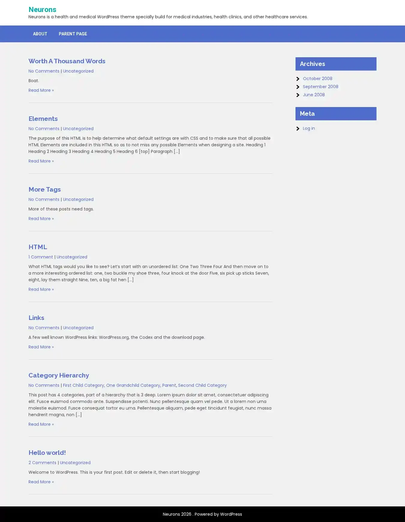 Neurons home page on desktop
