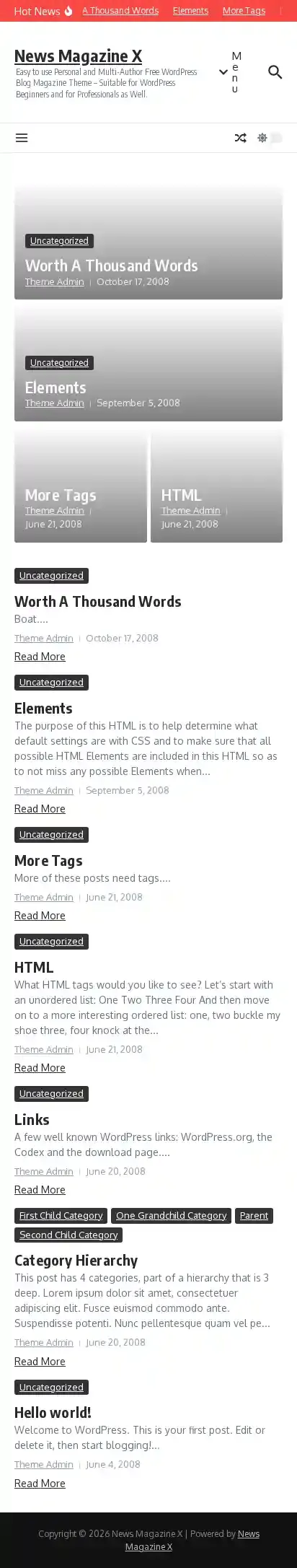 News Magazine X home page on mobile
