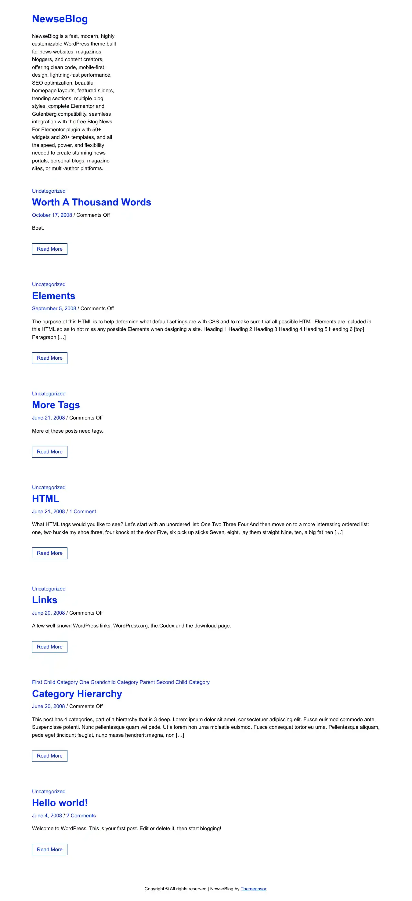 NewseBlog home page on desktop