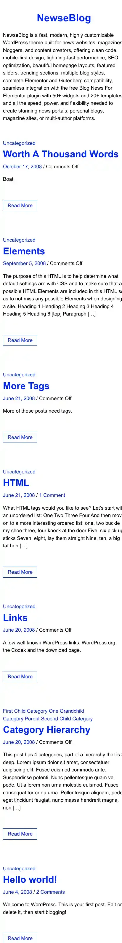 NewseBlog home page on mobile