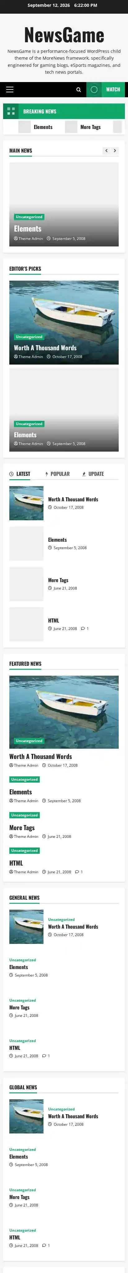 NewsGame home page on mobile
