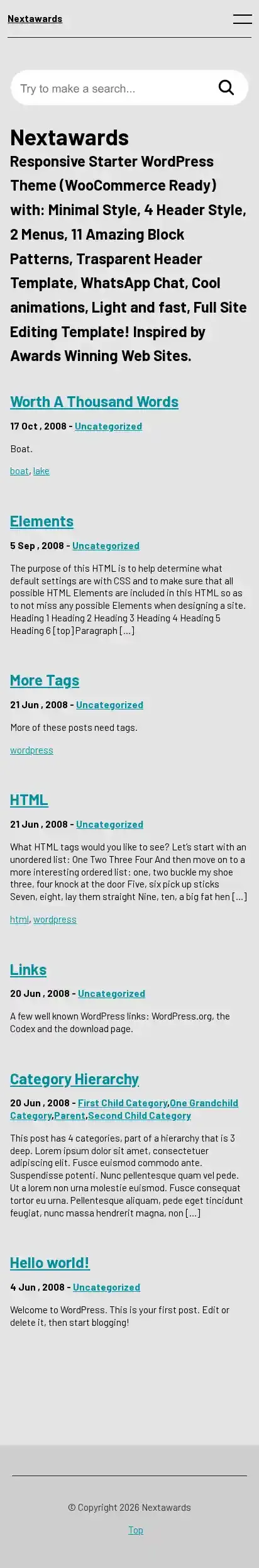 Nextawards home page on mobile
