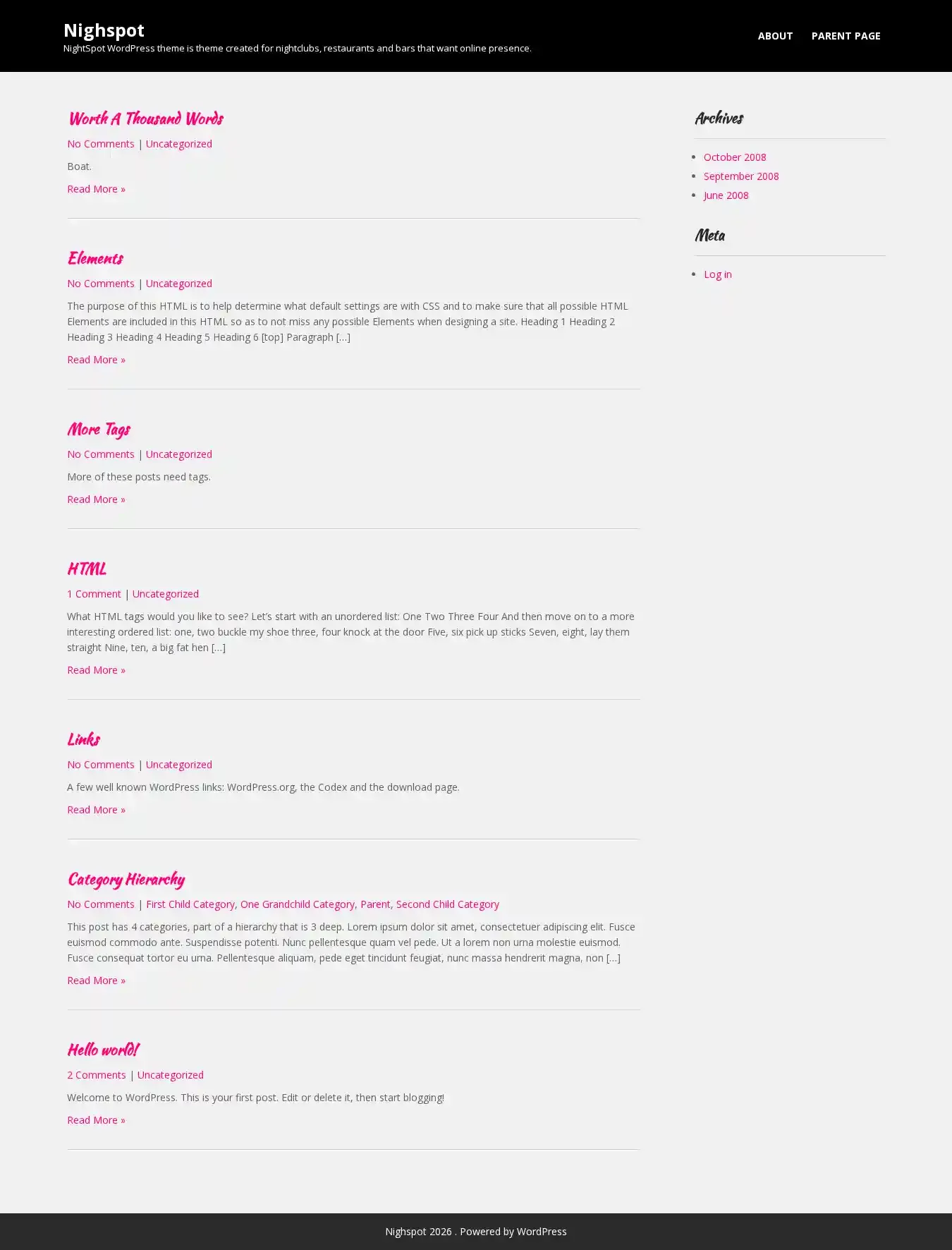 Nighspot home page on desktop