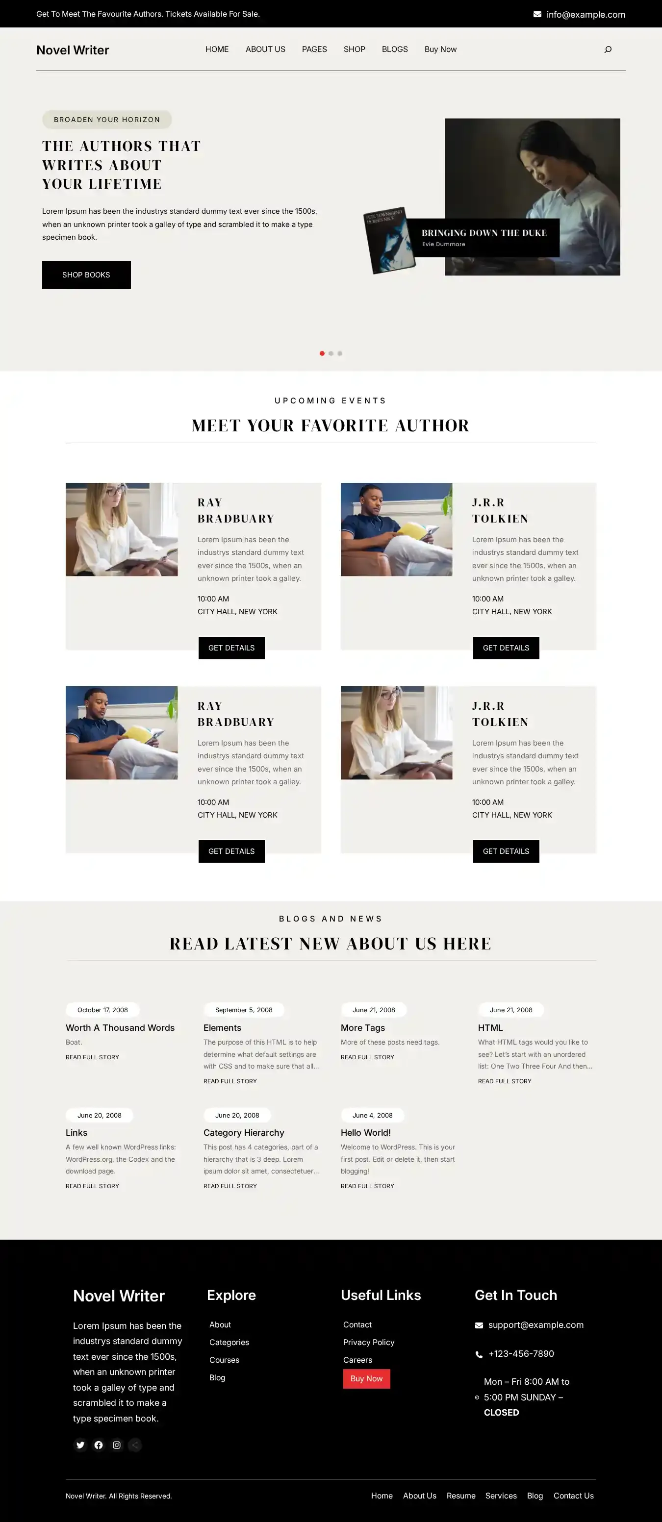 Novel Writer home page on desktop