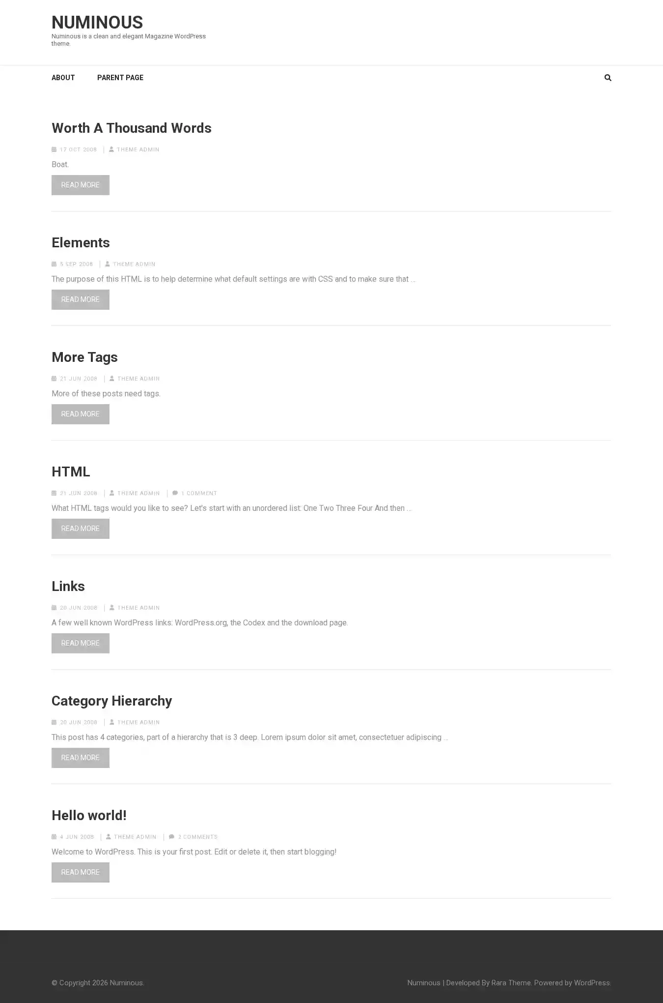 Numinous home page on desktop