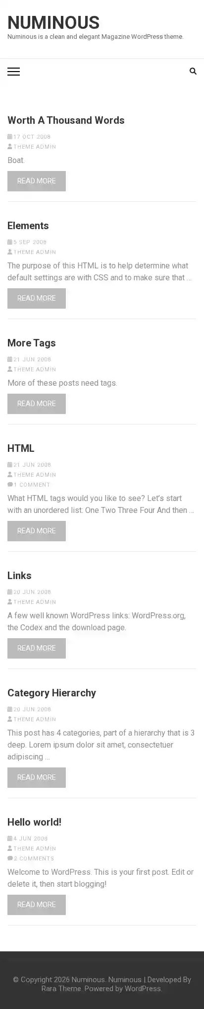 Numinous home page on mobile