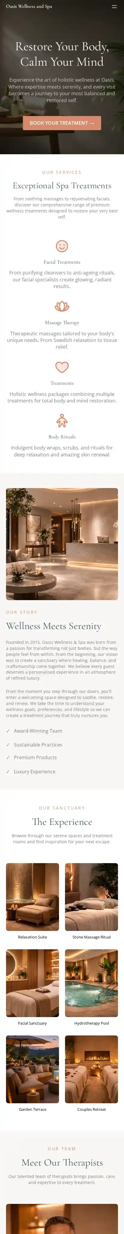 Oasis Wellness and Spa home page on mobile
