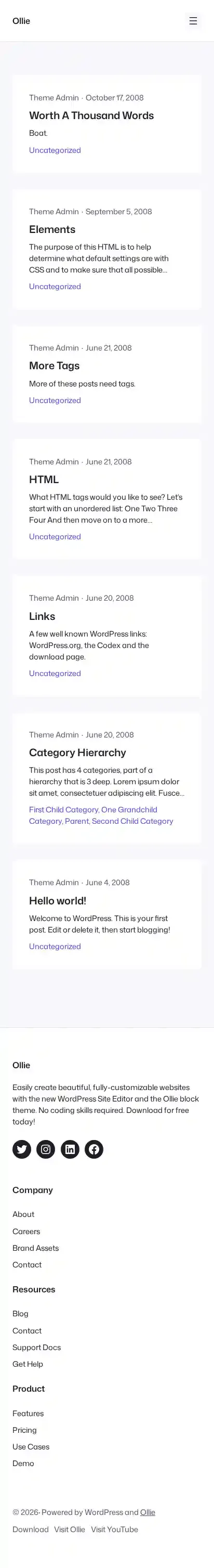 Ollie home page on mobile