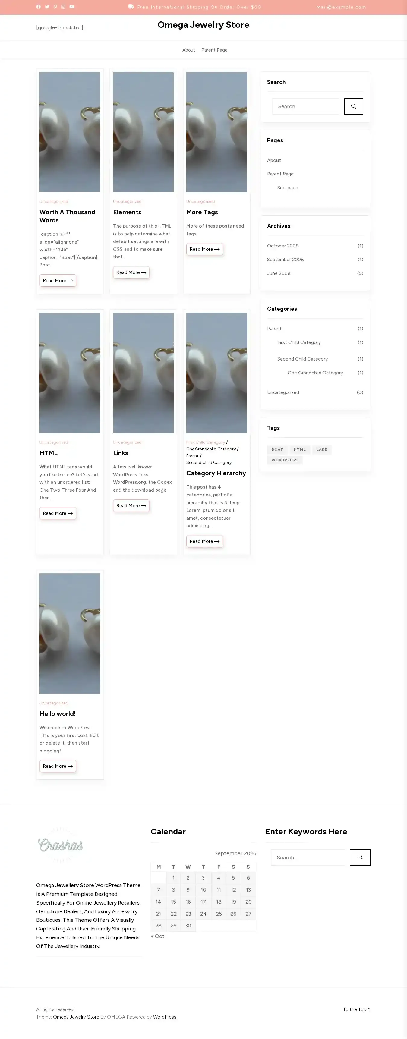 Omega Jewelry Store home page on desktop