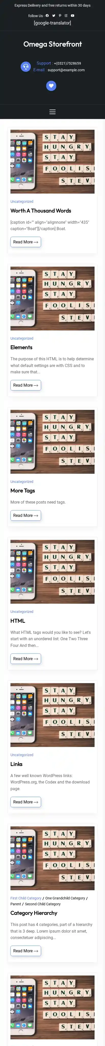 Omega Storefront home page on mobile