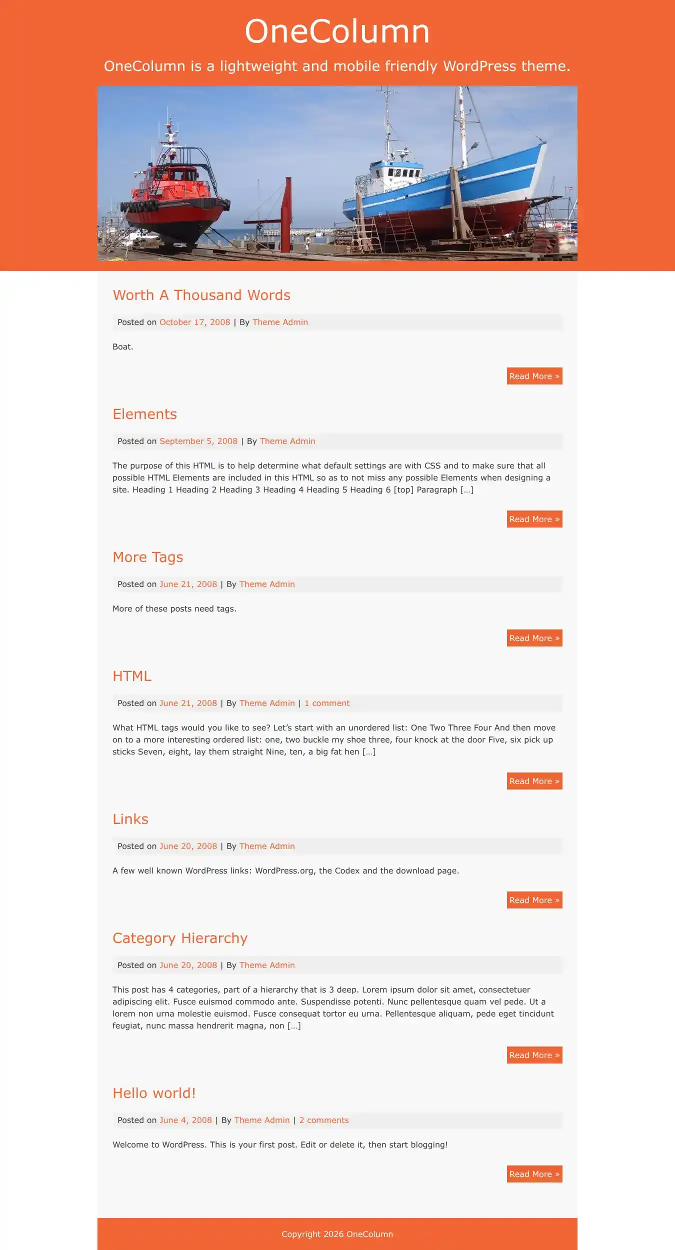 OneColumn home page on desktop