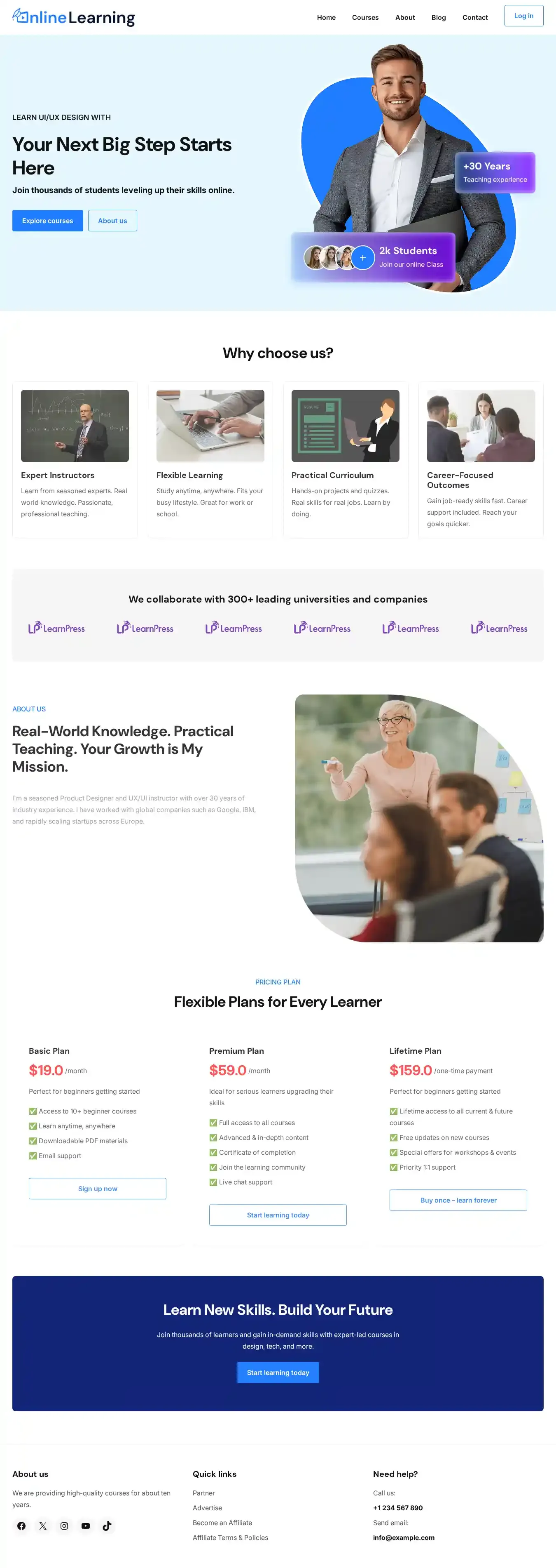 Online Learning home page on desktop