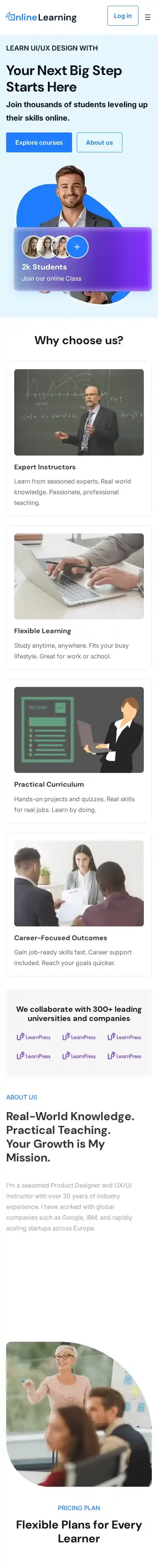 Online Learning home page on mobile