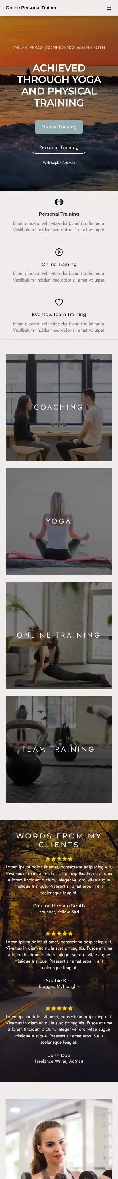 Online Personal Trainer home page on mobile