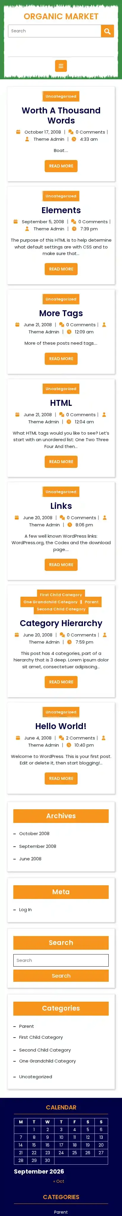Organic Market home page on mobile