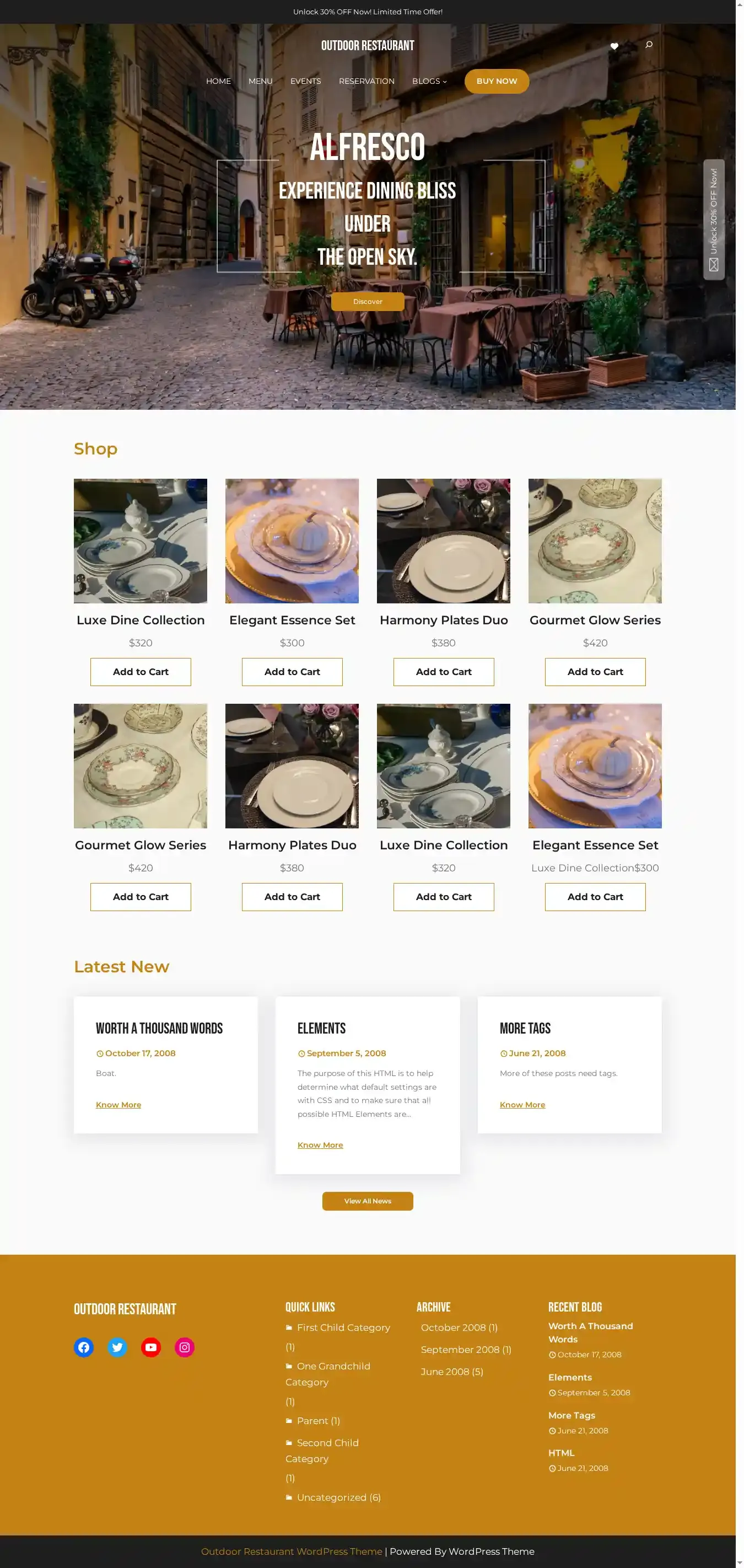 Outdoor Restaurant home page on desktop