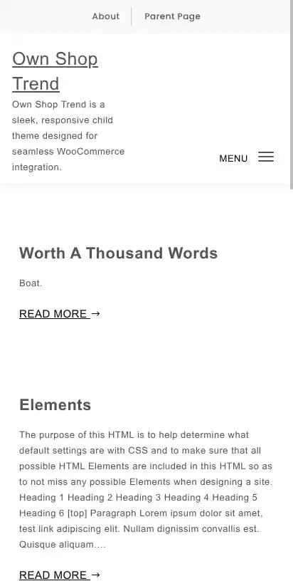 Own Shop Trend home page on mobile