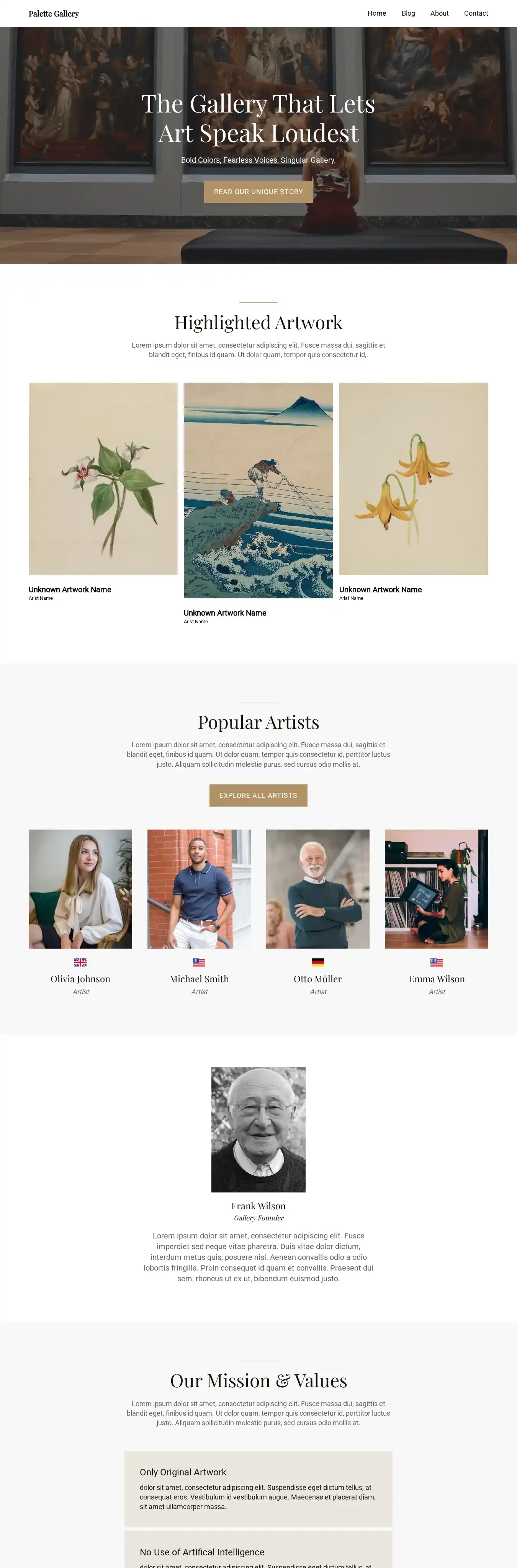 Palette Gallery home page on desktop