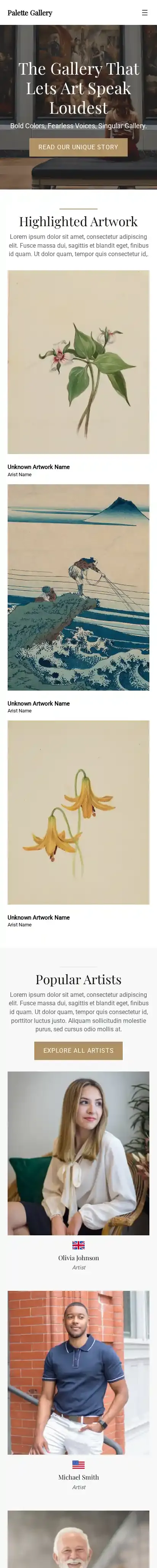 Palette Gallery home page on mobile