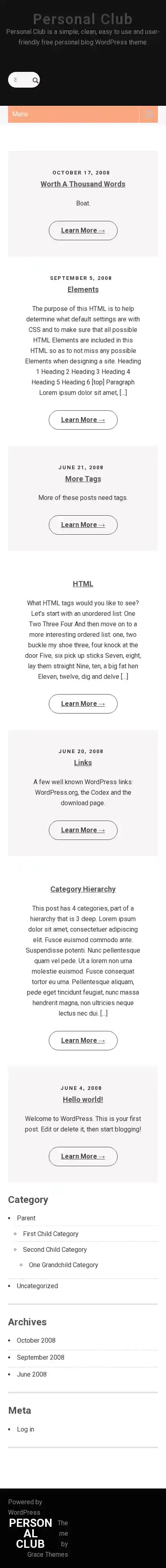 Personal Club home page on mobile