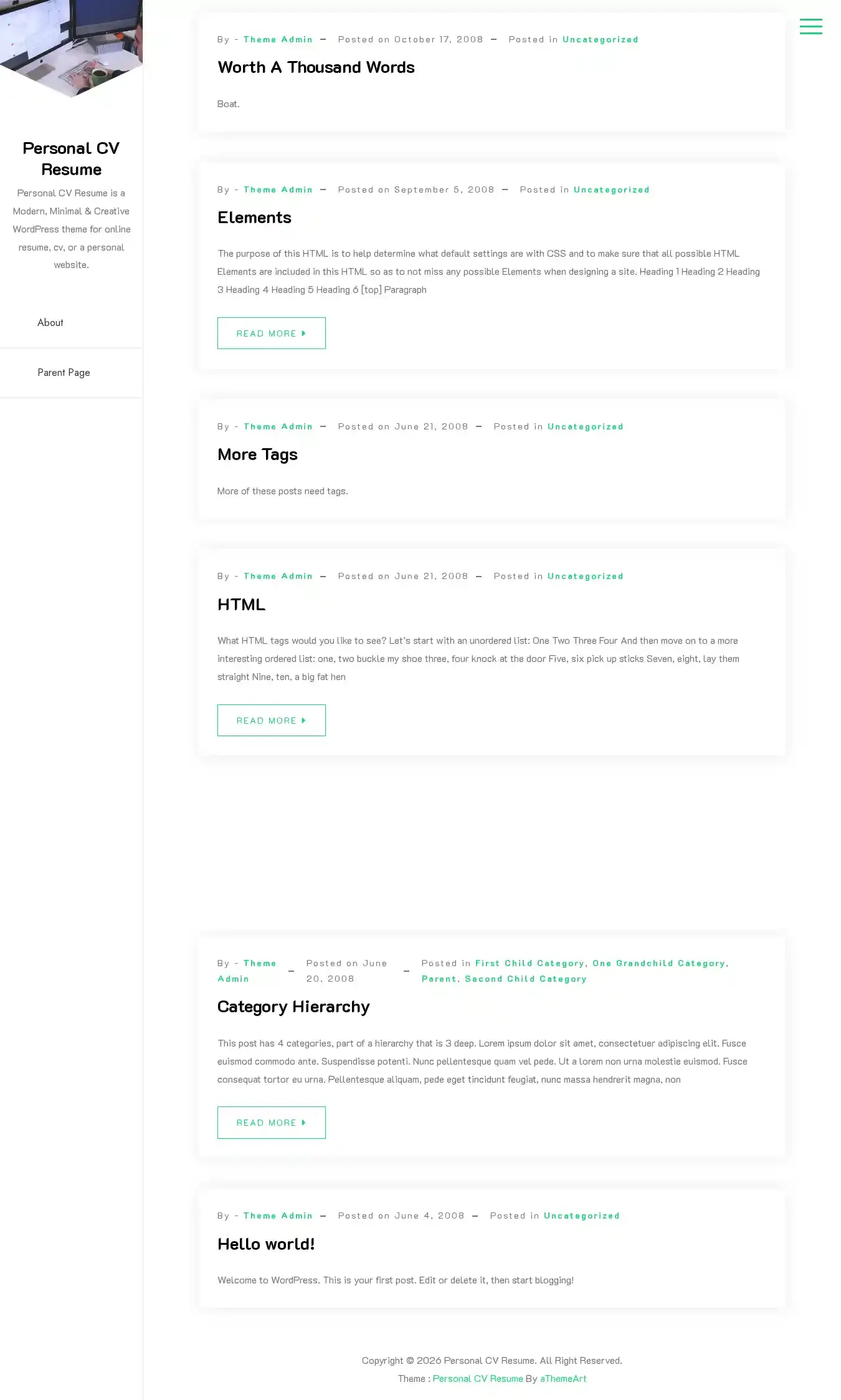 Personal CV Resume home page on desktop