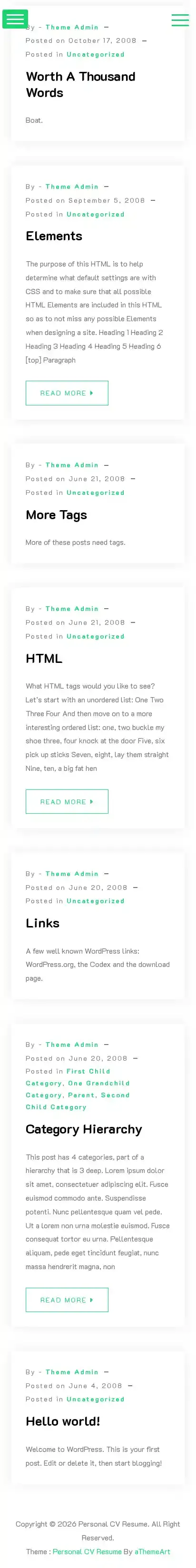 Personal CV Resume home page on mobile