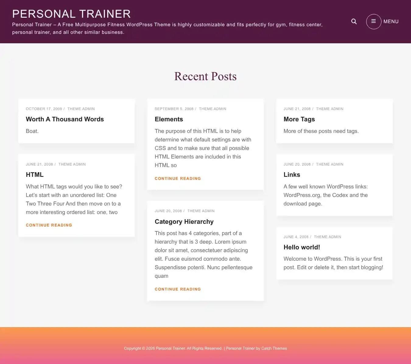 Personal Trainer home page on desktop