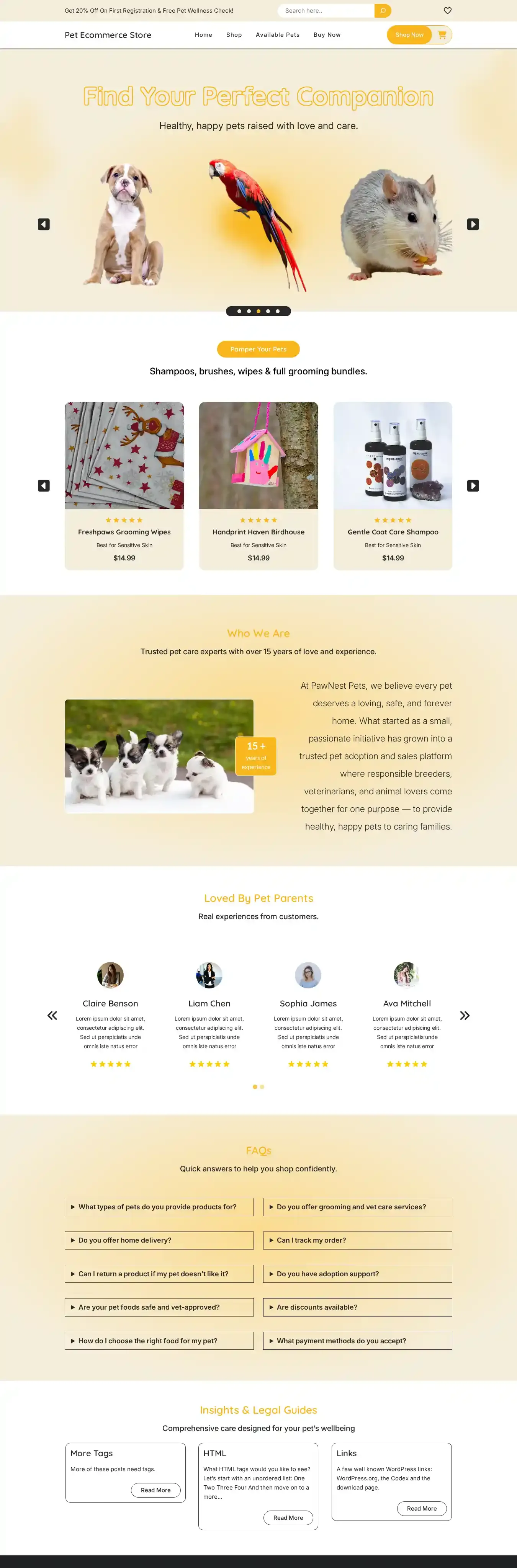 Pet Ecommerce Store home page on desktop
