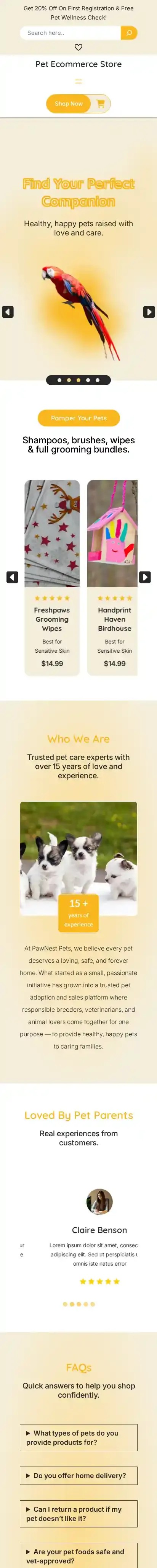 Pet Ecommerce Store home page on mobile