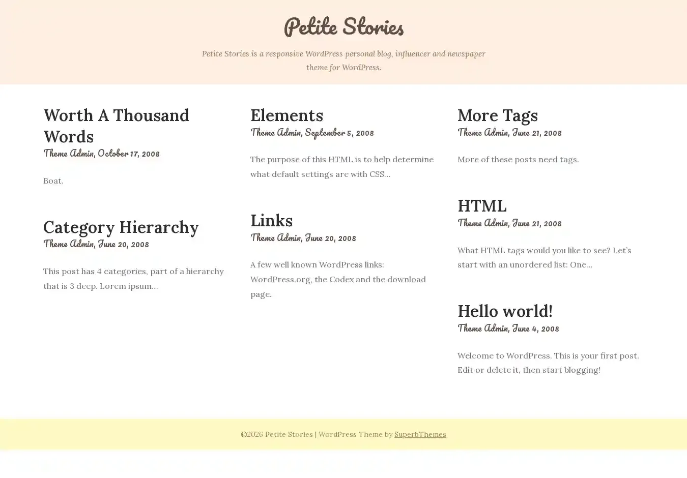 Petite Stories home page on desktop
